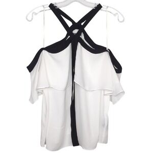 Suzy Shier Large‎ White Cold Shoulder Layered Tank With Black Tie Detail